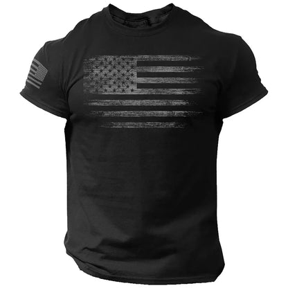 Black t-shirt with American flag design on a white background