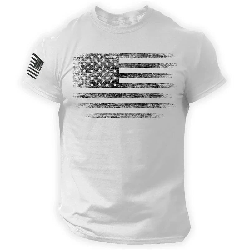 White t-shirt with black American flag design on a white background