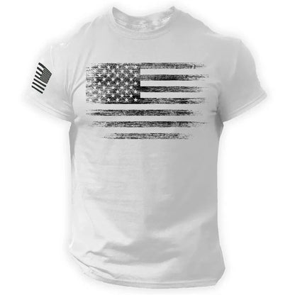 White t-shirt with black American flag design on a white background